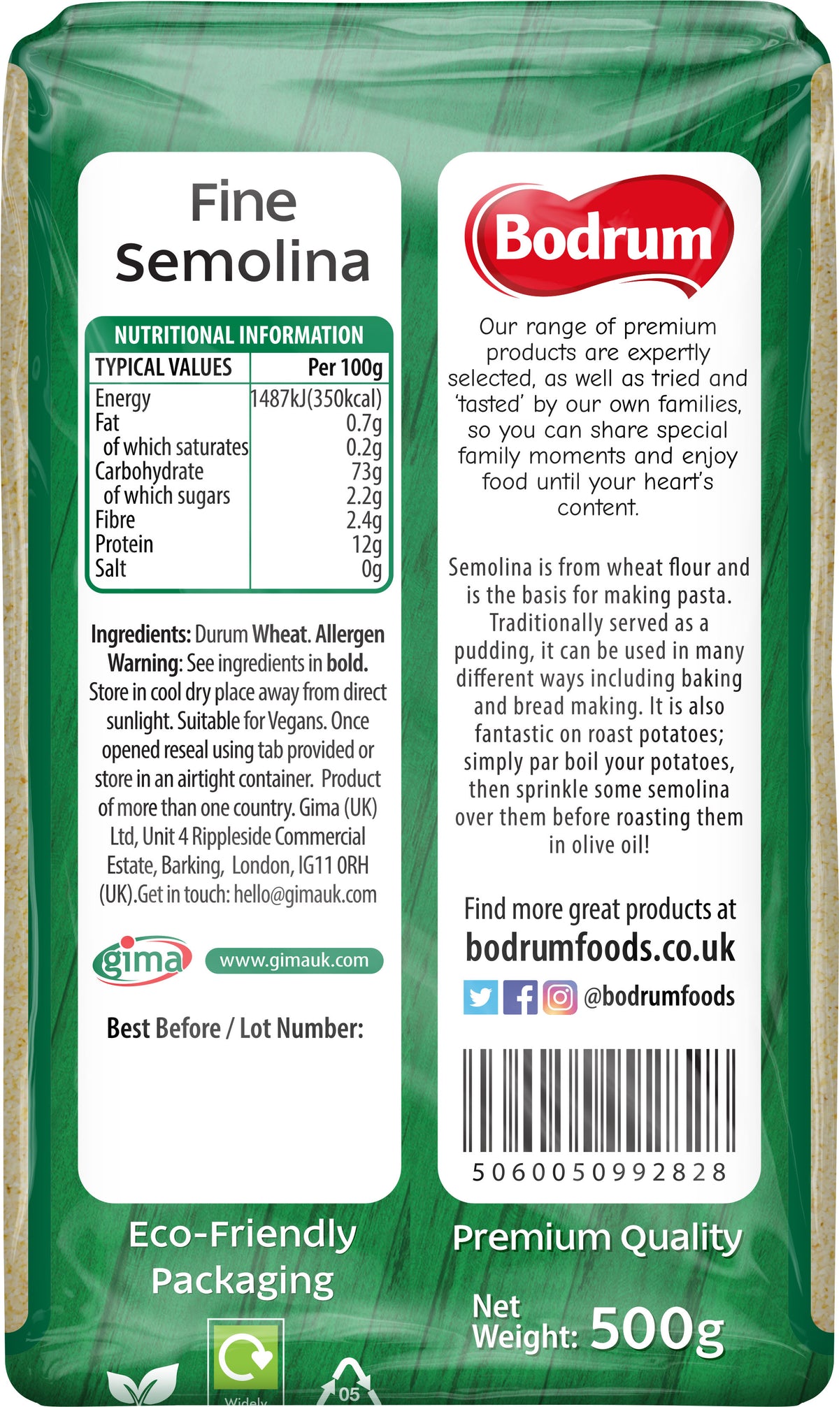Bodrum Fine Semolina package with nutritional information and branding details.
