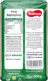 Bodrum Fine Semolina package with nutritional information and branding details.