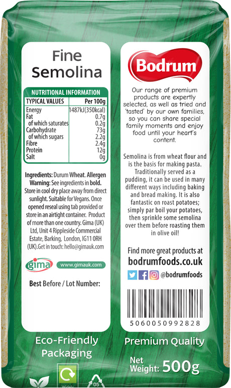 Bodrum Fine Semolina package with nutritional information and branding details.