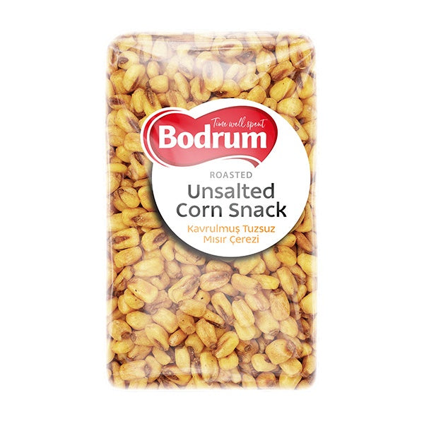 Packaged roasted unsalted corn snack with Bodrum branding on a white background