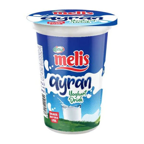 A plastic cup of Melis Ayran Yogurt Drink, featuring a blue and white label with the red Melis logo, set against a plain white background.