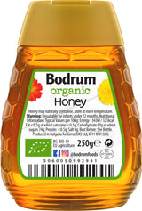 Bottle of Bodrum organic honey with label on a white background