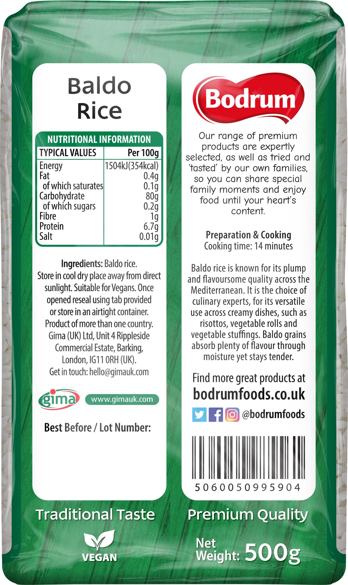 Bodrum Baldo Rice packaging with nutritional information and branding details.