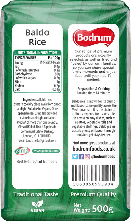 Bodrum Baldo Rice packaging with nutritional information and branding details.