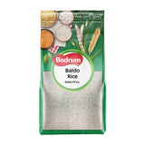 Bodrum Baldo Rice packaging with images of rice and grains on a green background