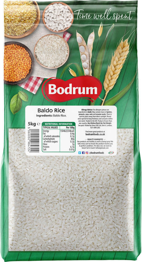 Bodrum Baldo Rice packaging with rice grains and wheat on a green background