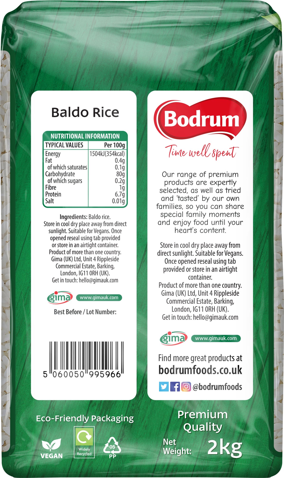 Green rice packaging with Bodrum branding and nutritional information.