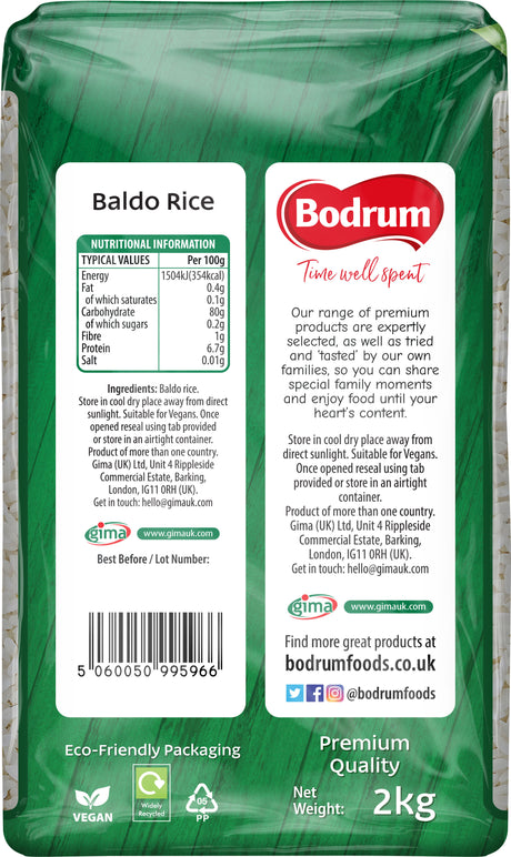 Green rice packaging with Bodrum branding and nutritional information.