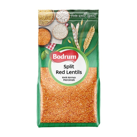 Packaging of Bodrum Split Red Lentils on a white background