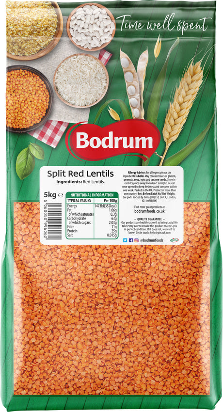 Bag of Bodrum Split Red Lentils with a green background