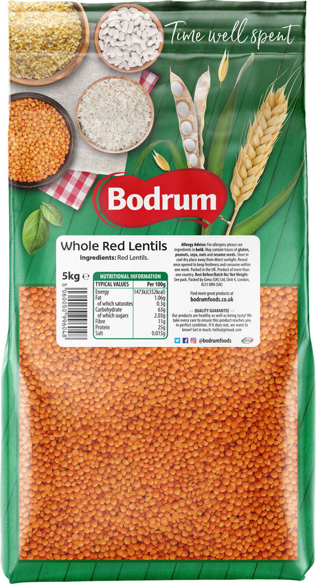 Bag of Bodrum whole red lentils with a green background