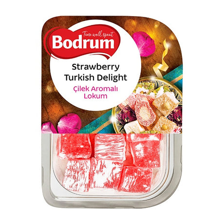 Packaging of Bodrum Strawberry Turkish Delight with colorful design on a white background