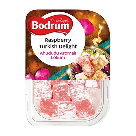 Packaged Raspberry Turkish Delight with Bodrum branding on a white background