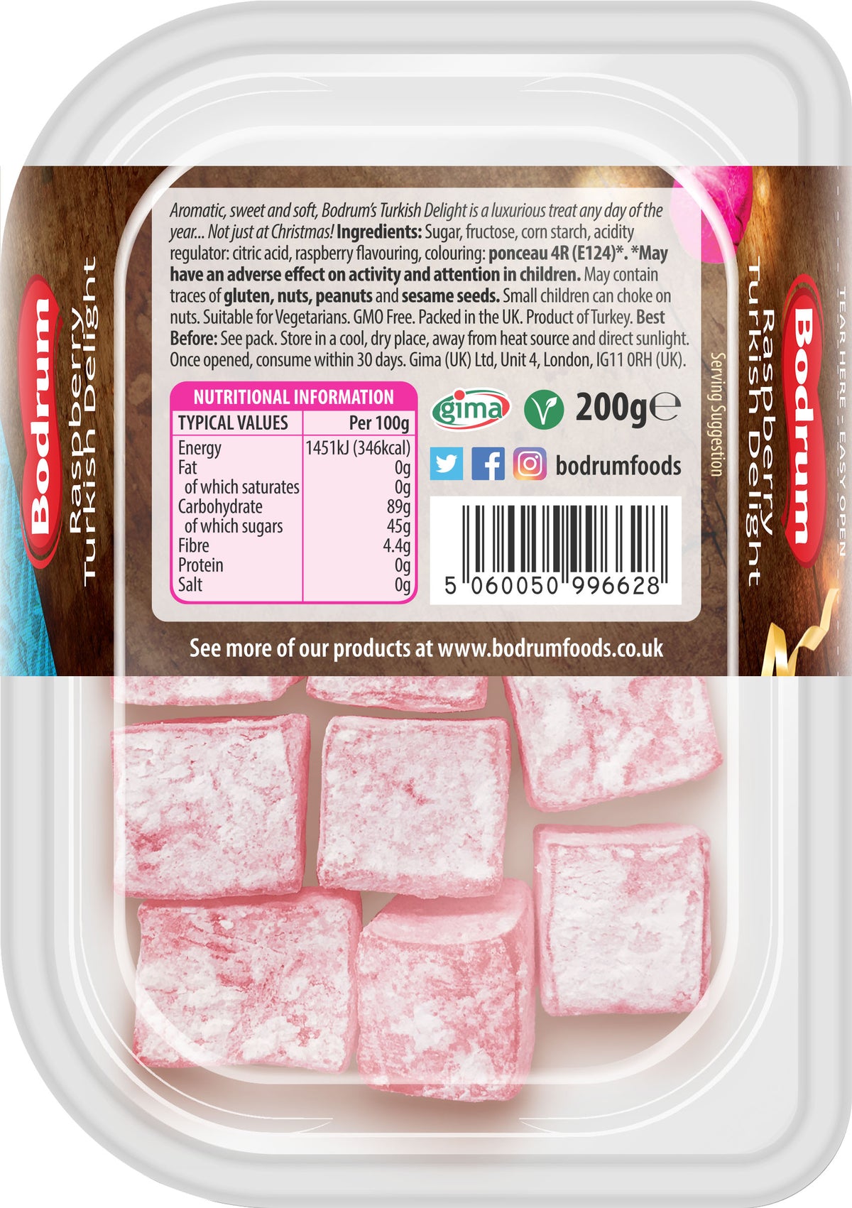 Packaged pink cubes with Bodrum Foods branding on a white background