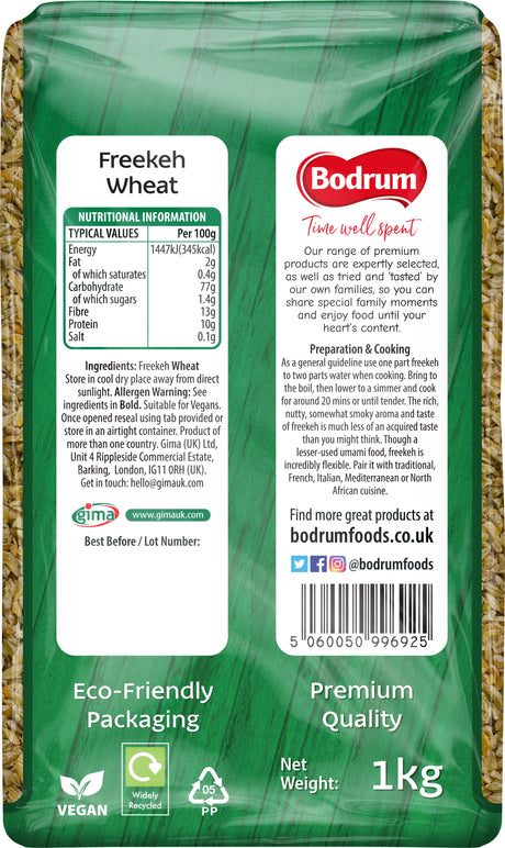 Bodrum Freekeh Wheat package with green label and branding