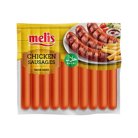 Packaging of Melis chicken sausages with a plate of sausages and fries on a yellow background.