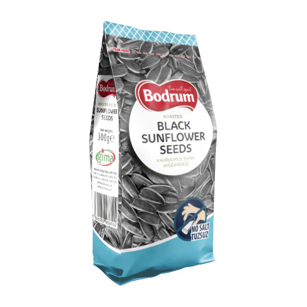 Bag of Bodrum black sunflower seeds on a white background