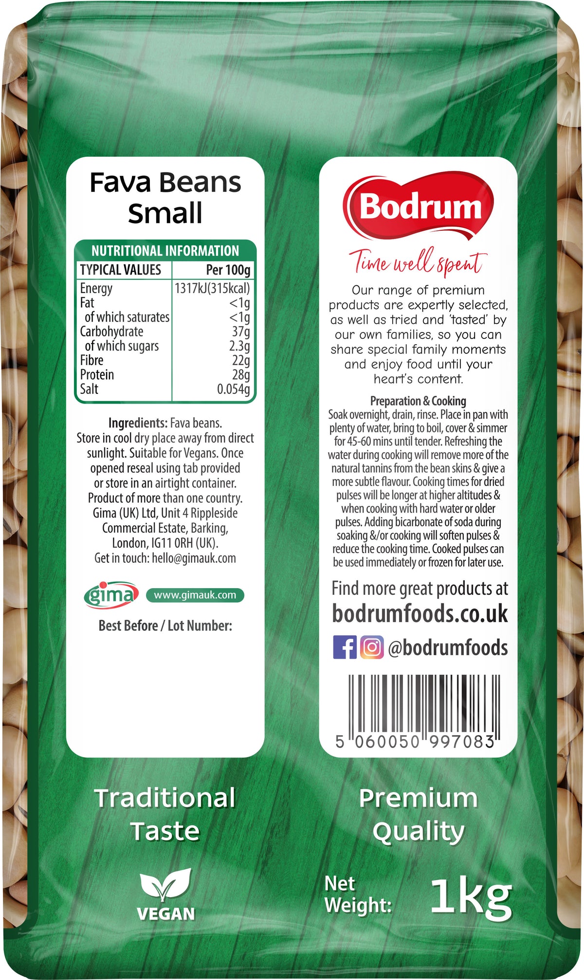 Bodrum Fava Beans packaging with green label and visible text.