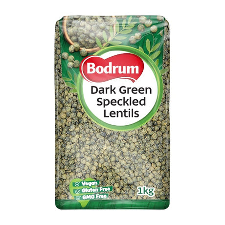 Bodrum brand packaging of dark green speckled lentils on a white background