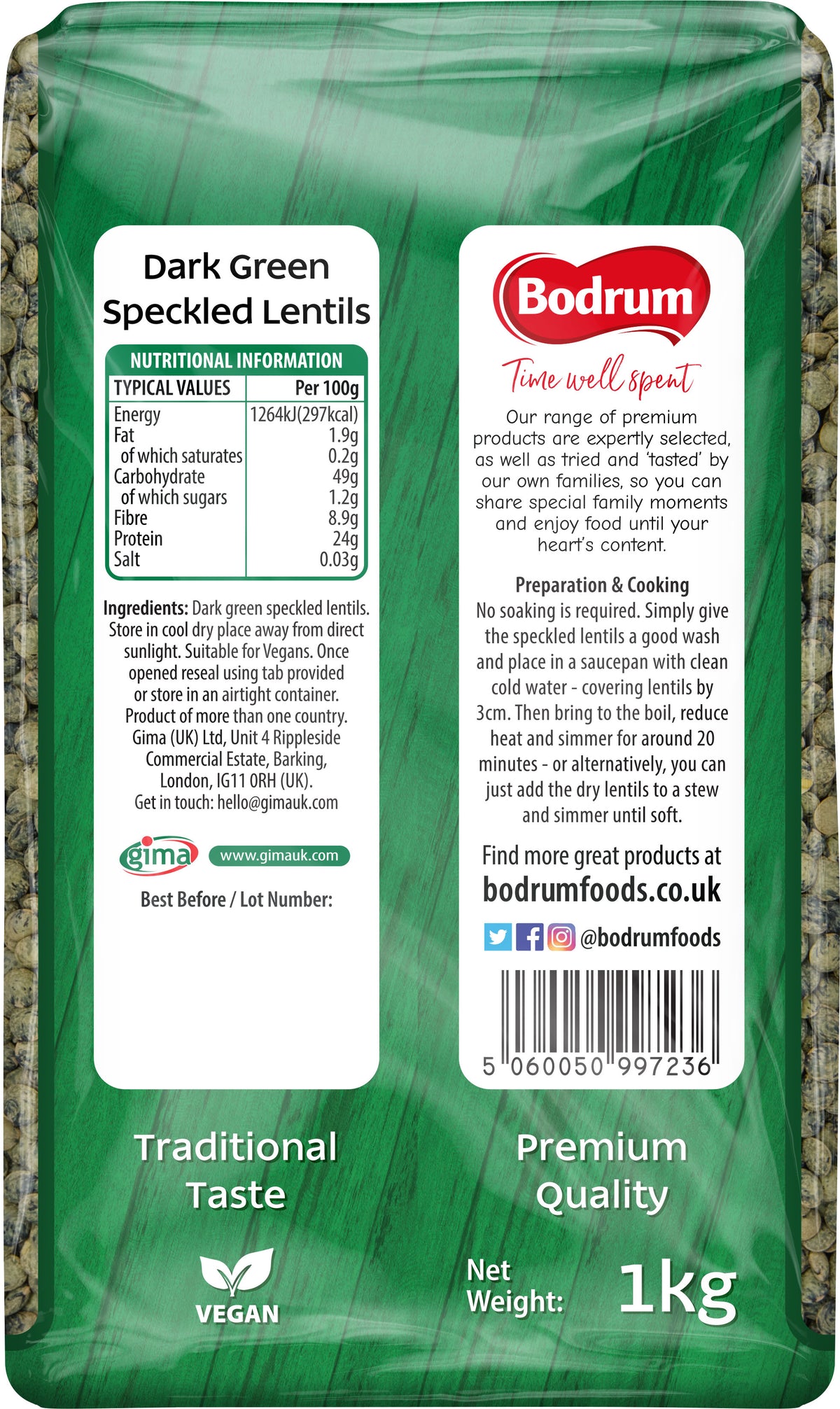 Packaging of dark green speckled lentils with Bodrum Foods branding