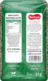 Packaging of dark green speckled lentils with Bodrum Foods branding