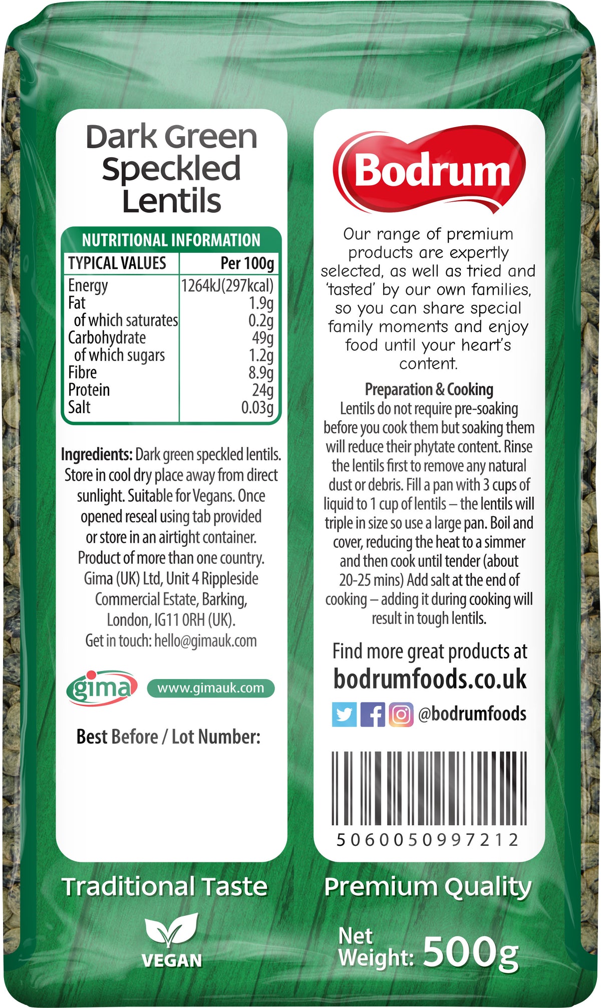 Packaging of Bodrum Dark Green Speckled Lentils with nutritional information and branding details.