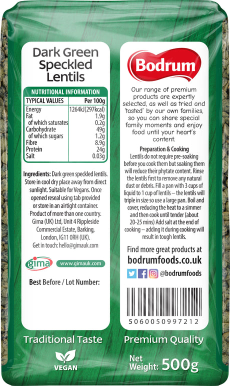 Packaging of Bodrum Dark Green Speckled Lentils with nutritional information and branding details.