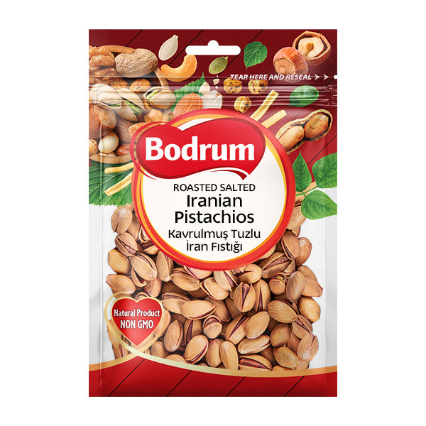 Packaging of Bodrum roasted salted Iranian pistachios on a white background