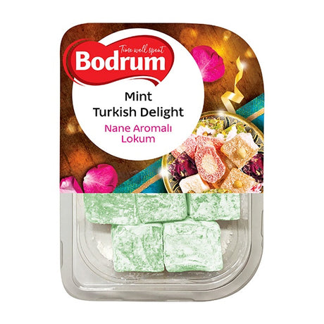 Packaged Mint Turkish Delight with Bodrum branding on a white background