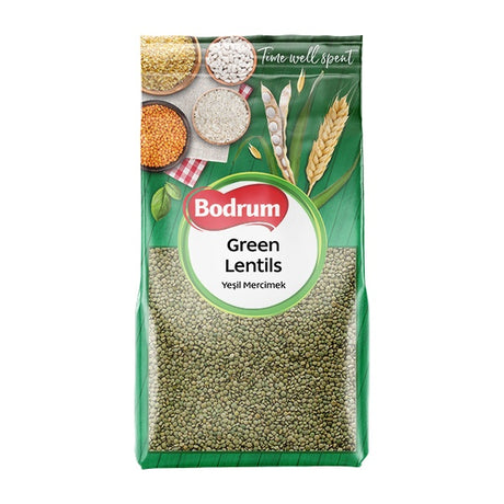 Packaging of Bodrum green lentils on a white background