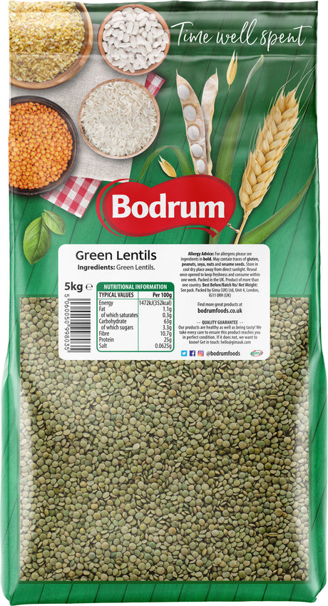 Bag of Bodrum green lentils with a green background
