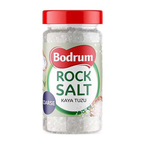 Jar of Bodrum rock salt on a white background