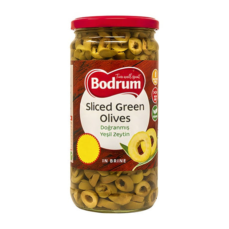 Jar of Bodrum sliced green olives on a white background