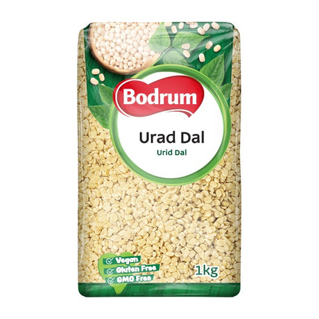 Packaging of Bodrum Urad Dal with green and white design