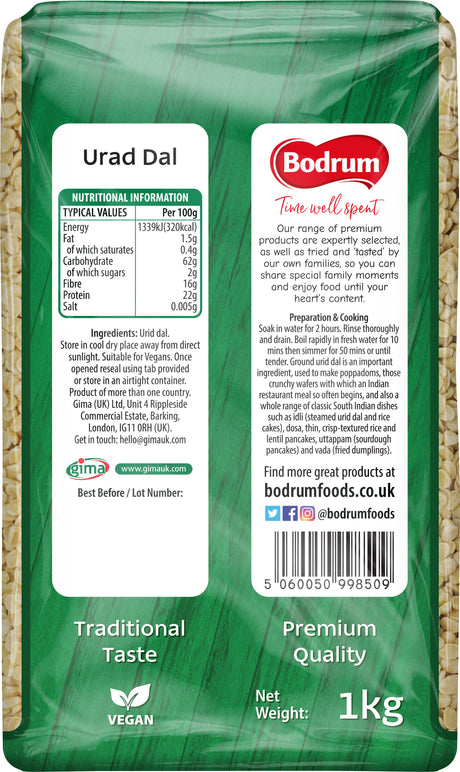 Bodrum Urad Dal packaging with green and white design