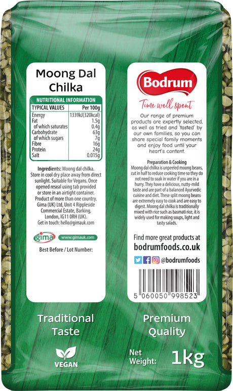 Package of Moong Dal Chilka with Bodrum Foods branding and nutritional information.