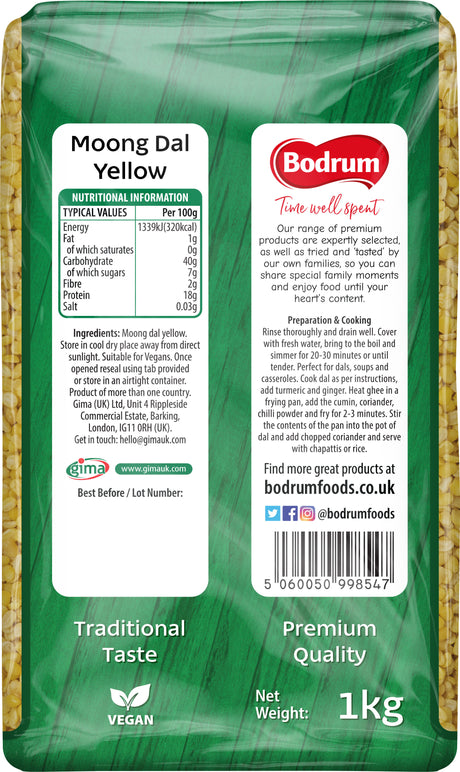 Package of Bodrum Moong Dal Yellow with nutritional information and branding details.