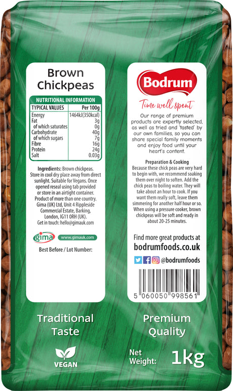 Back of a green package with brown chickpeas, showing Bodrum brand label and product details.