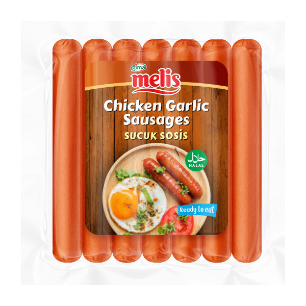 Pack of Melis Chicken Garlic Sausages with packaging details on a white background