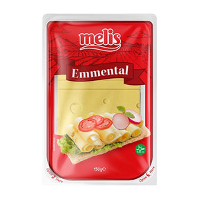 Melis Emmental cheese packaging with a sandwich illustration on a white background