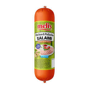Melis Chicken & Pistachio Salami packaging on a white background