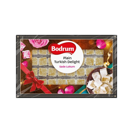 Bodrum Plain Turkish Delight packaging with a brick wall and rose design.