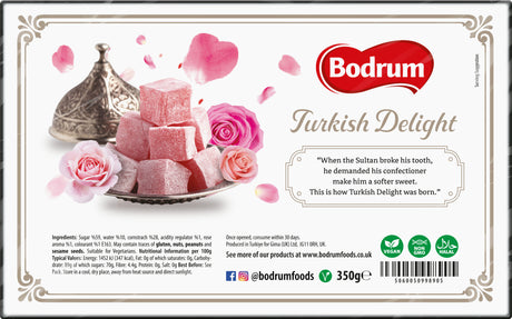 Bodrum Turkish Delight packaging with pink flowers and a description of the product's origin.
