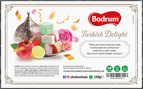 Bodrum Turkish Delight packaging with colorful delight pieces and brand logo.