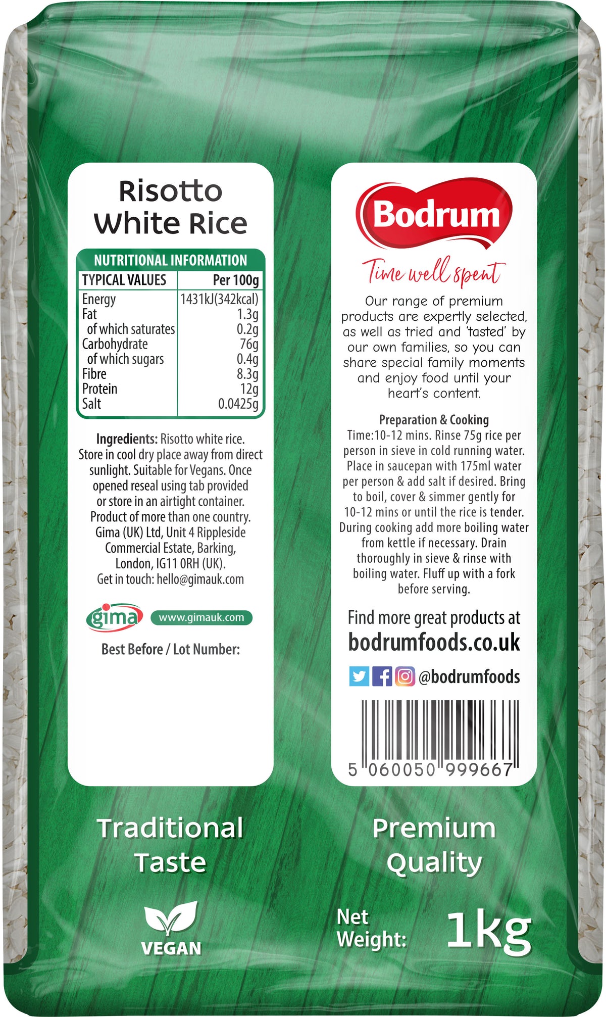 Risotto white rice package with green label and Bodrum brand logo.