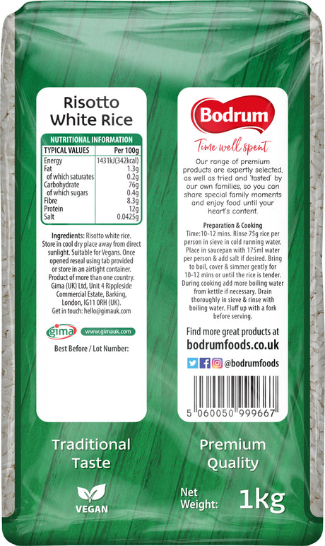 Risotto white rice package with green label and Bodrum brand logo.