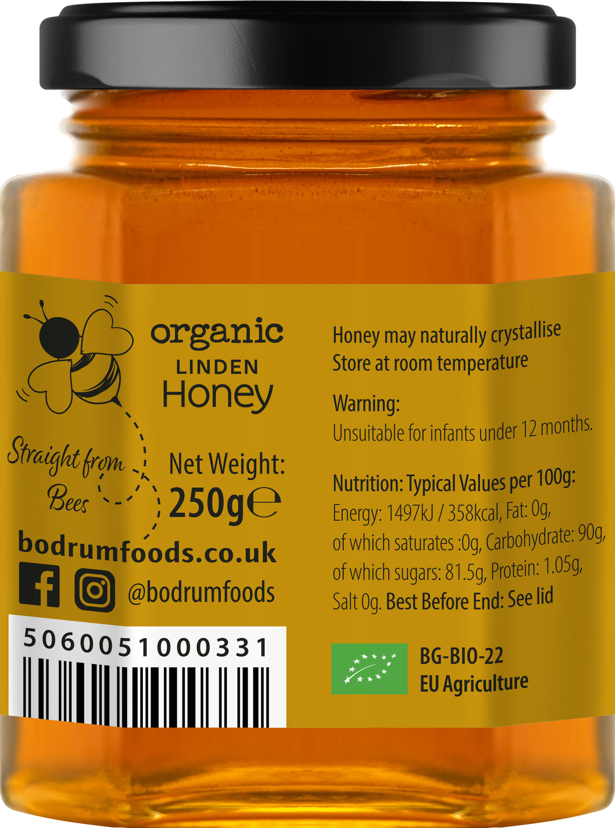 Jar of organic linden honey with label showing brand details and nutritional information.