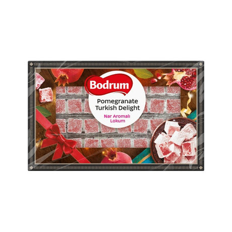 Bodrum Pomegranate Turkish Delight packaging with pomegranate and candy images on a white background