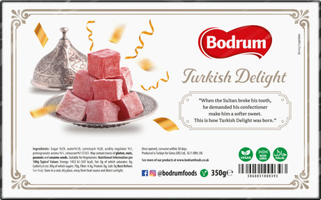 Bodrum Turkish Delight packaging with text and graphics
