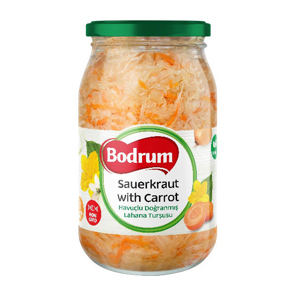 Jar of Bodrum sauerkraut with carrot on a white background